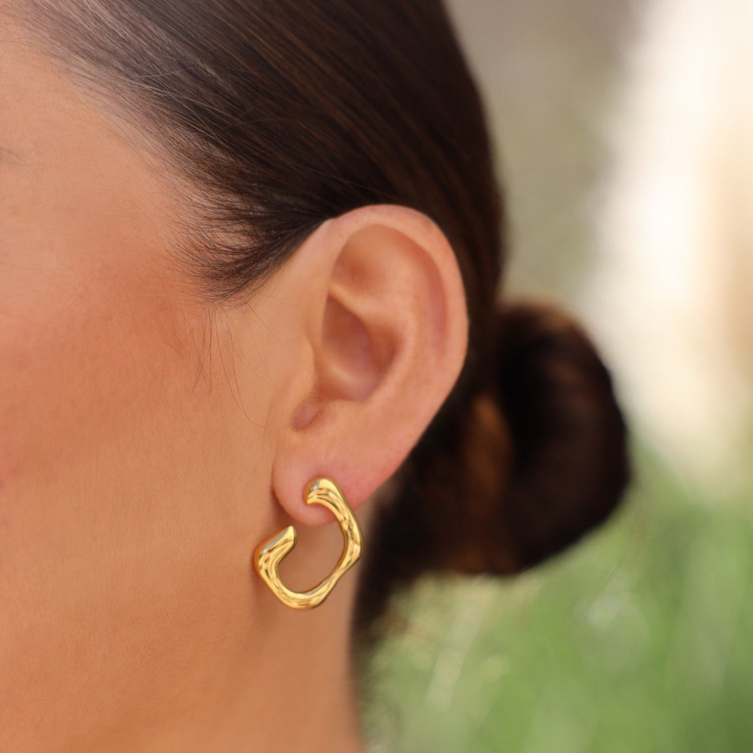 studs, earrings, gold earrings, mismatched earrings, organic shape earrings