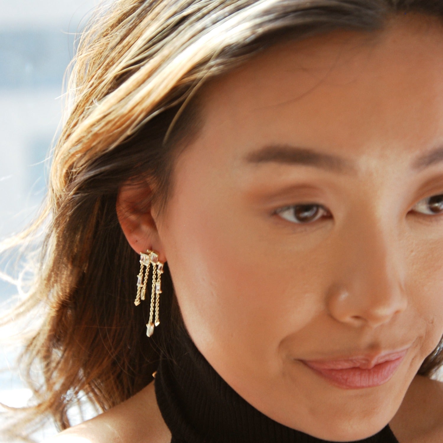girl, face, earrings, gold, stud, diamonds