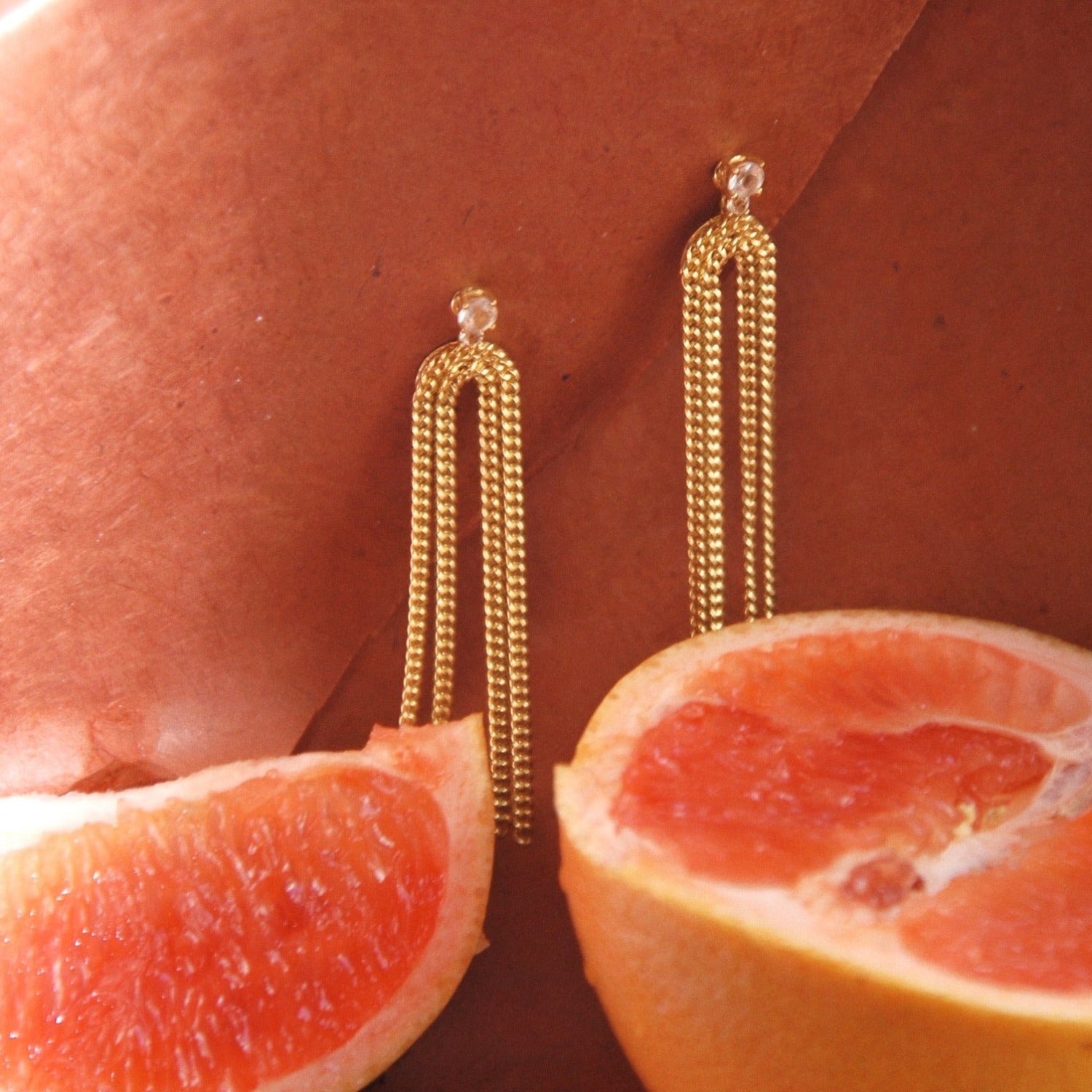 earrings, studs, fringe, chain, gold