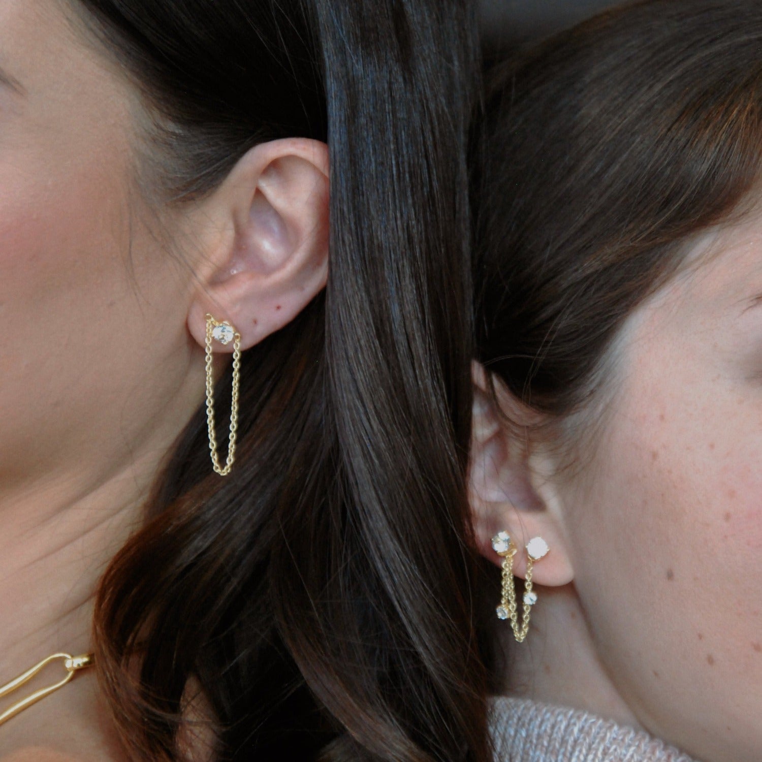 earrings, stud, gold, diamond, chain