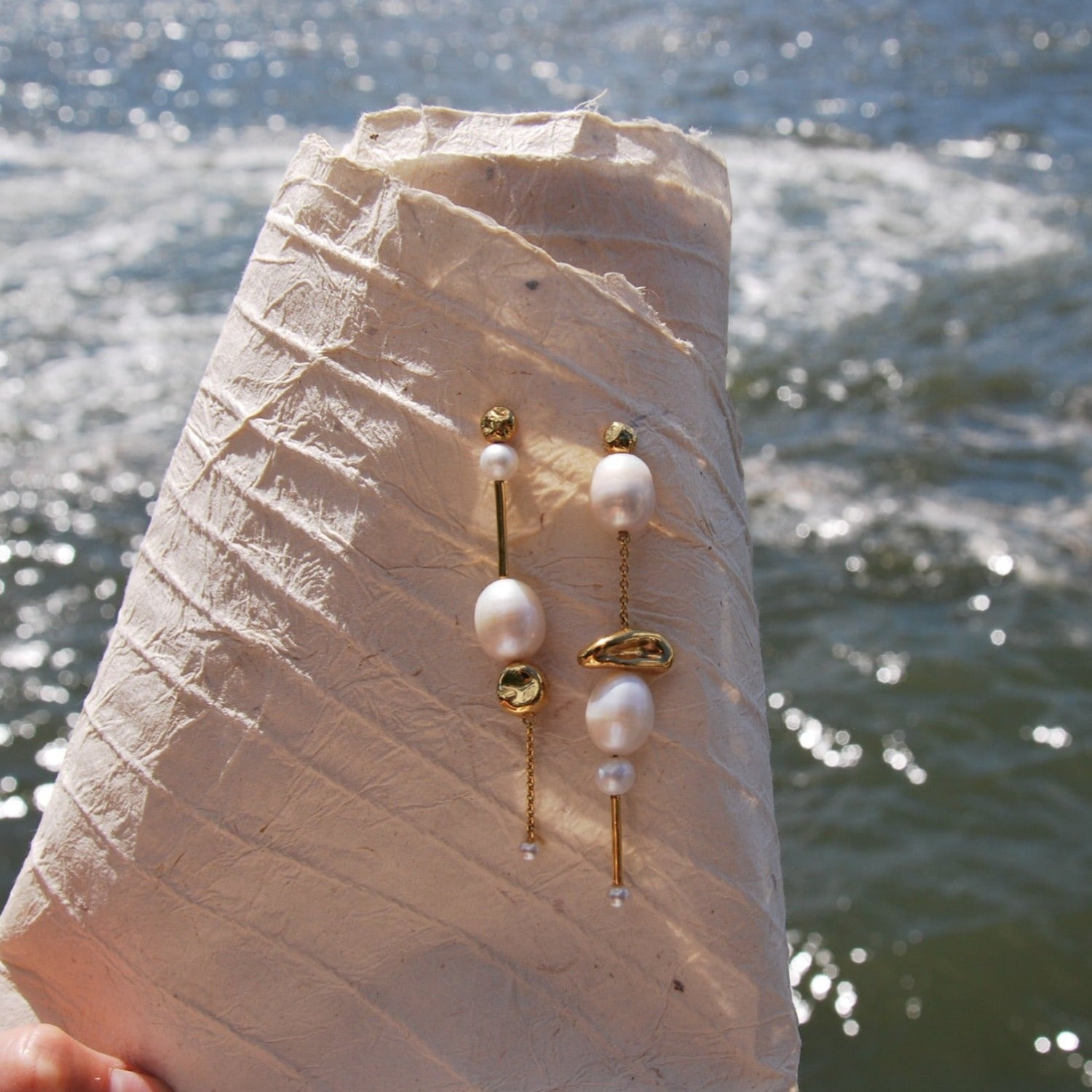 pearl, gold, chain, earrings, summer
