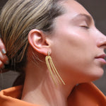 earrings, studs, fringe, chain, gold